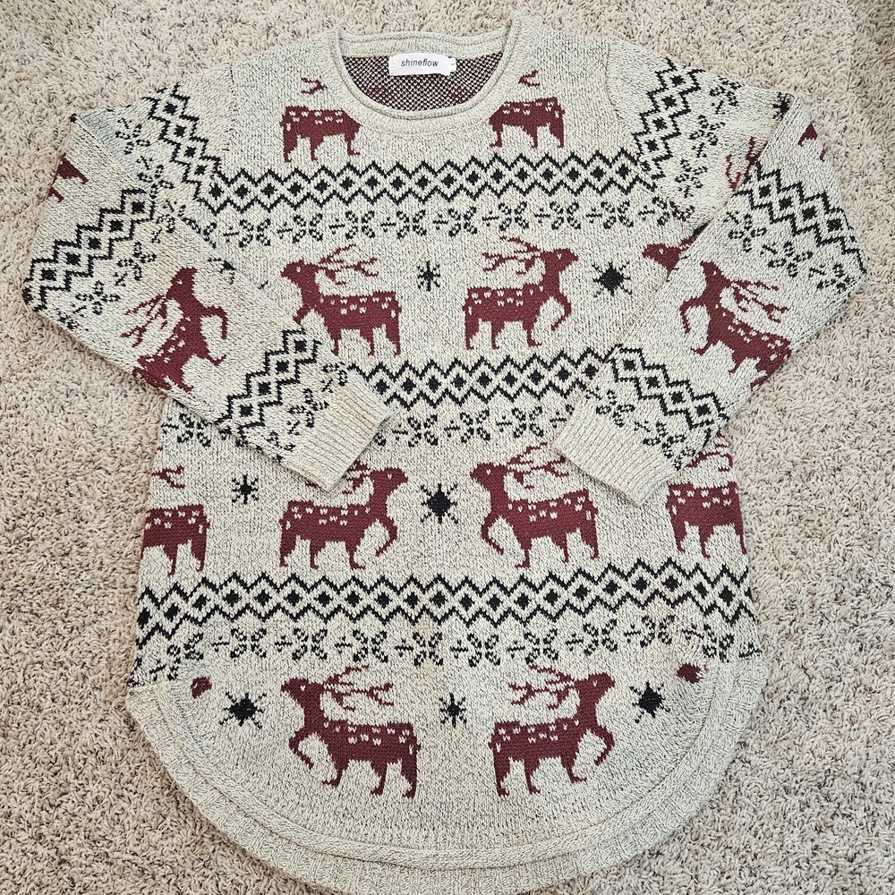 Shineflow Knit Sweater in Cream and Red Holiday Christmas Reindeer